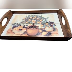 Vintage Wooden Serving Tray with Ceramic Fruit Design 20x13